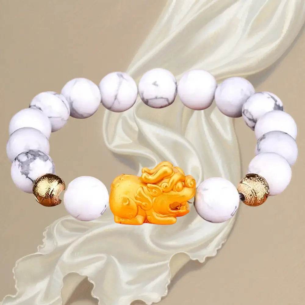 White Turquoise Pi Xiu Bracelet 18K Gold-filled Pure Silver Pi Yao Feng Shui Wealth Pi Yao Bracelet - Loton Decor