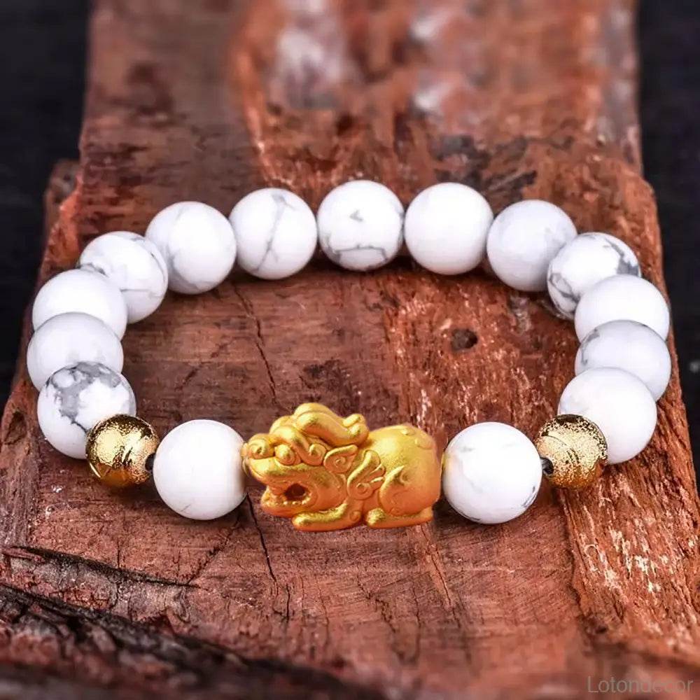 White Turquoise Pi Xiu Bracelet 18K Gold-filled Pure Silver Pi Yao Feng Shui Wealth Pi Yao Bracelet - Loton Decor