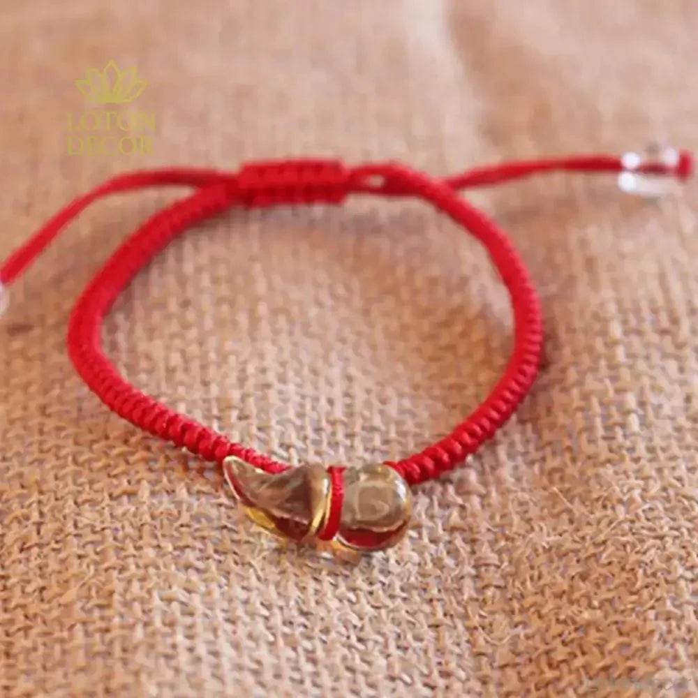 Yellow Quartz Gourd Bracelet – Red Rope Luck & Wealth Amulet - Loton Decor