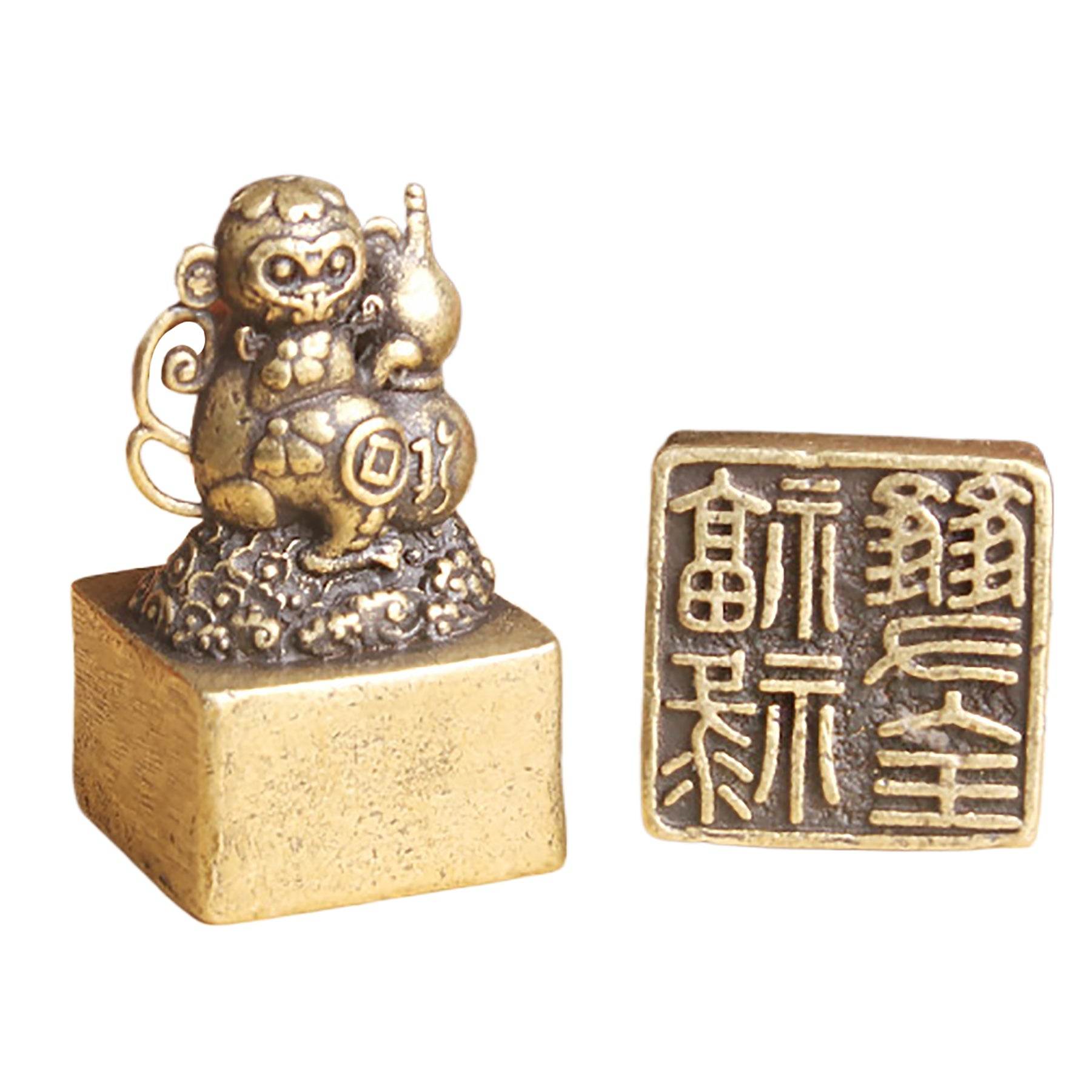 Brass Monkey Signet Cute Spiritual Zodiac Animal Stamps Feng Shui Gourd Peach Longevity Amulet - Loton Decor