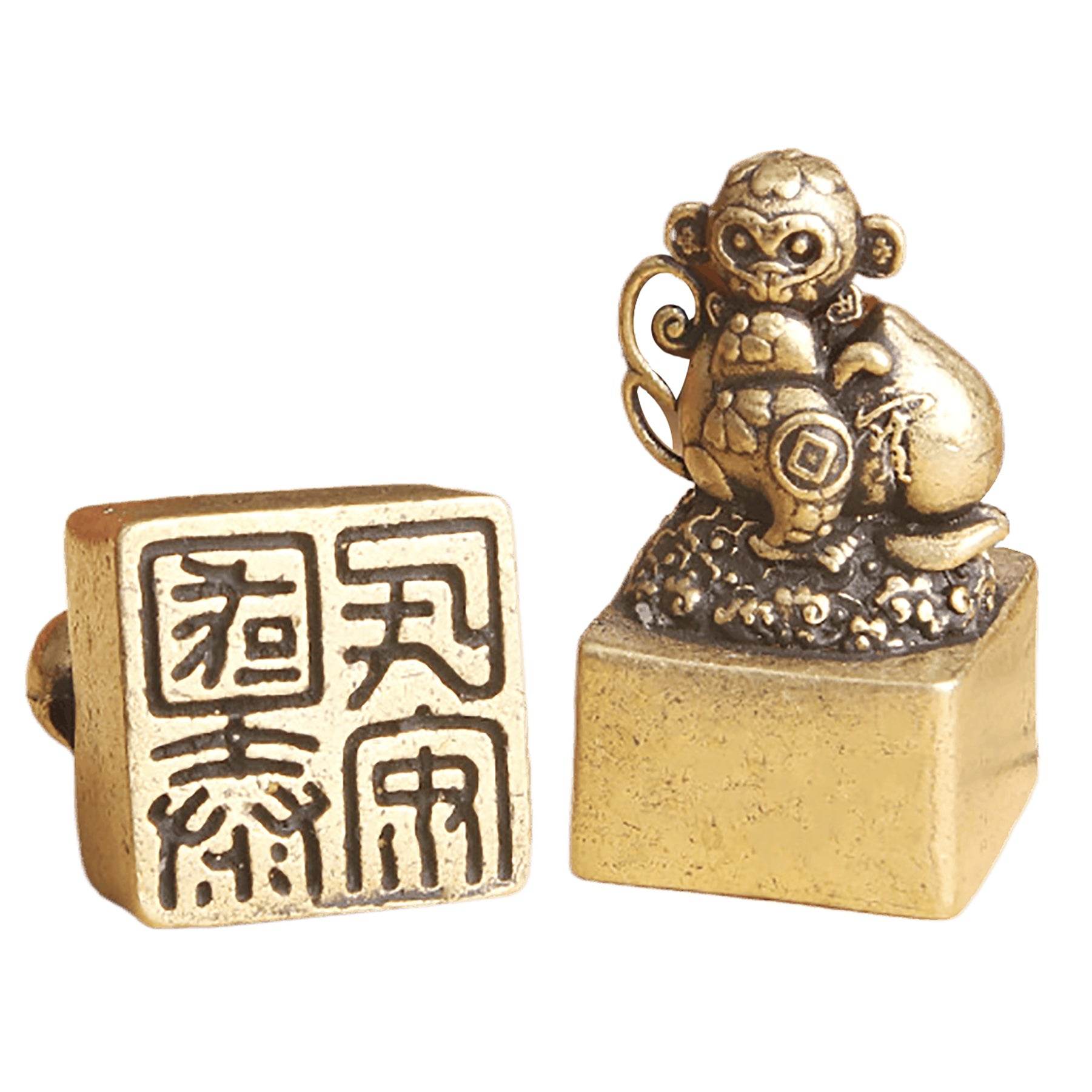 Brass Monkey Signet Cute Spiritual Zodiac Animal Stamps Feng Shui Gourd Peach Longevity Amulet - Loton Decor