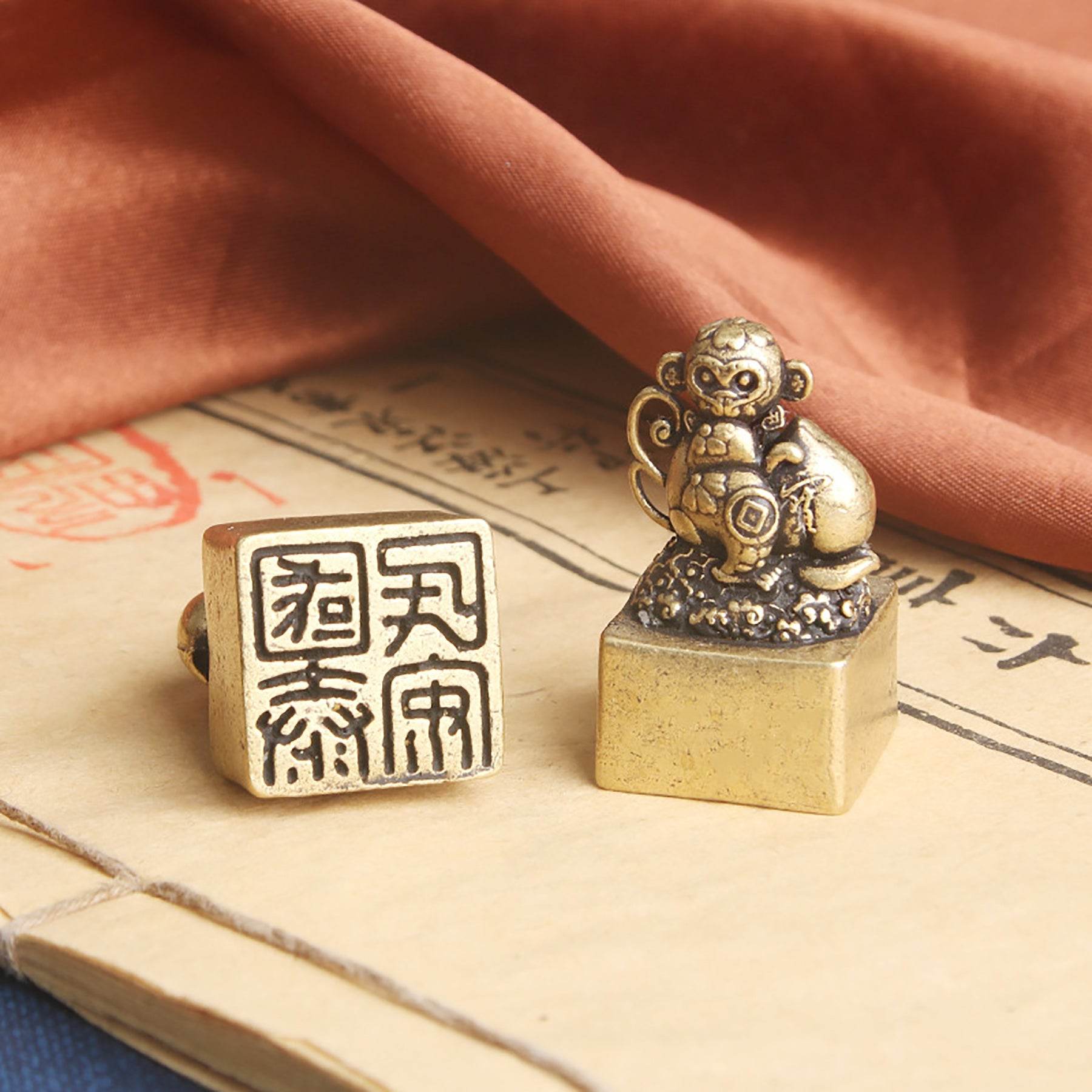 Brass Monkey Signet Cute Spiritual Zodiac Animal Stamps Feng Shui Gourd Peach Longevity Amulet - Loton Decor