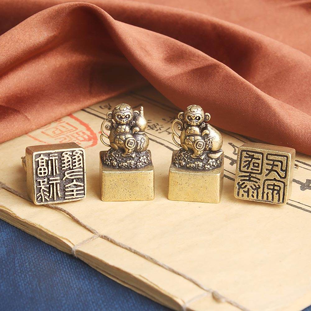 Brass Monkey Signet Cute Spiritual Zodiac Animal Stamps Feng Shui Gourd Peach Longevity Amulet - Loton Decor