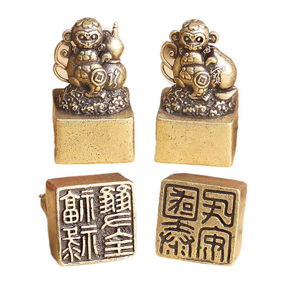 Brass Monkey Signet Cute Spiritual Zodiac Animal Stamps Feng Shui Gourd Peach Longevity Amulet - Loton Decor