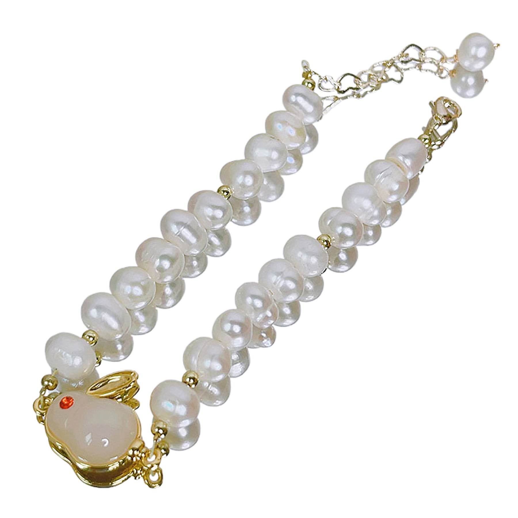 Freshwater Pearls Jade Rabbit Bracelet Zodiac Spiritual Animal Hare Feng Shui Wealth Bracelet for Money Prosperity - Loton Decor
