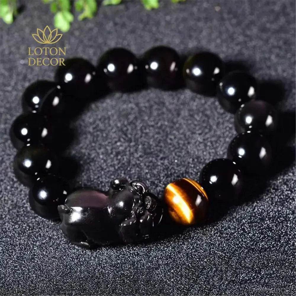Zodiac Pig Obsidian Bracelet – Wealth & Luck Amulet - Loton Decor