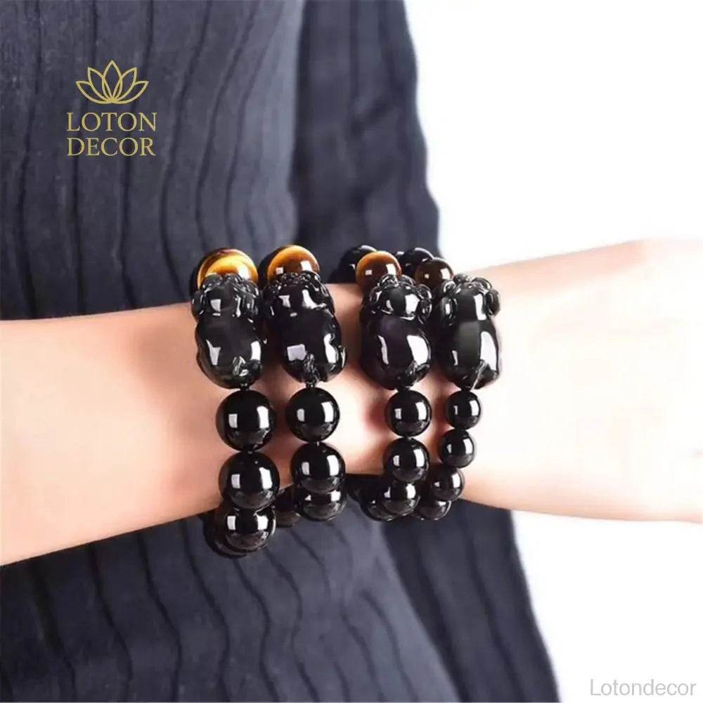 Zodiac Pig Obsidian Bracelet – Wealth & Luck Amulet - Loton Decor
