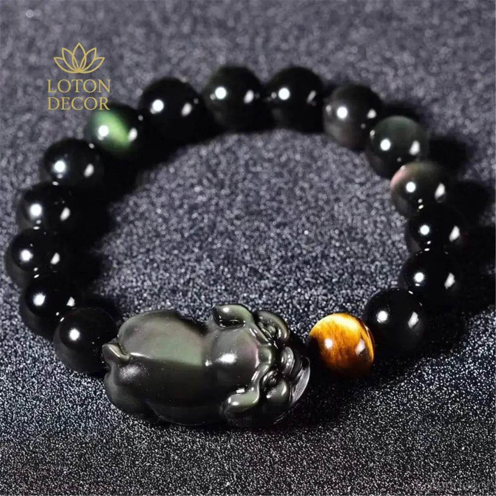 Zodiac Pig Obsidian Bracelet – Wealth & Luck Amulet - Loton Decor
