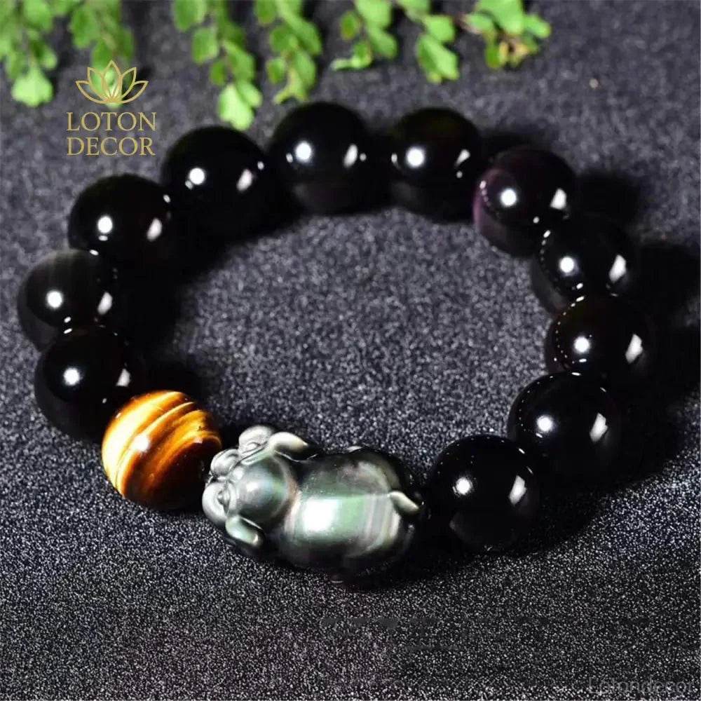 Zodiac Pig Obsidian Bracelet – Wealth & Luck Amulet - Loton Decor